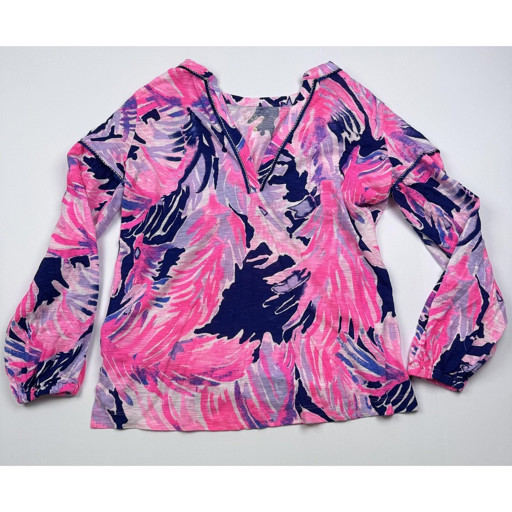 Lilly Pulitzer Shirt Womens Small Pink Navy Long Sleeve Tunic Top 100% Cotton